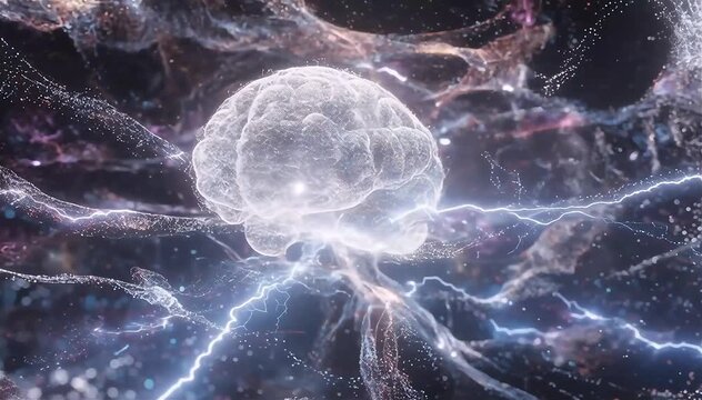 Huge cloud of glowing particles forming an abstract neural galaxy that slowly organizes into a digital brain shape, swirling particle streams creating neuron-like structures and data pathways