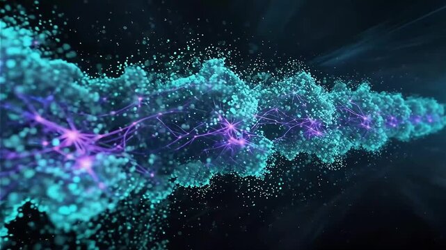 Massive swarm of luminous particles behaving like a living neural intelligence system, particles connecting into temporary neuron clusters and then dispersing again