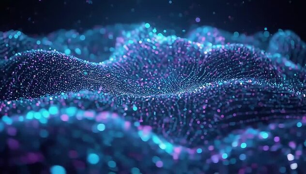Massive swarm of luminous particles behaving like a living neural intelligence system, particles connecting into temporary neuron clusters and then dispersing again