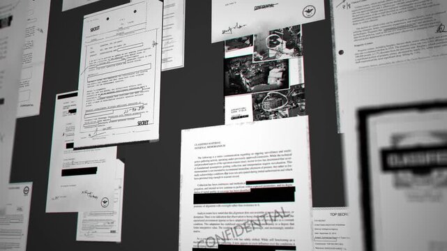 Camera moves through various classified top secret files and official documents. Intelligence espionage information and reports by government spy agency. Declassified data or exposed secrets by media