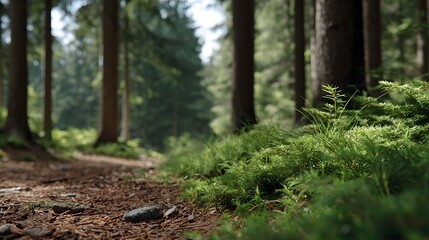 Fototapeta premium A serene forest path unfolds bordered by lush green moss and grass leading into a tranquil woodland with d d sunlight