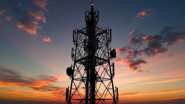 Cell tower against sunset sky