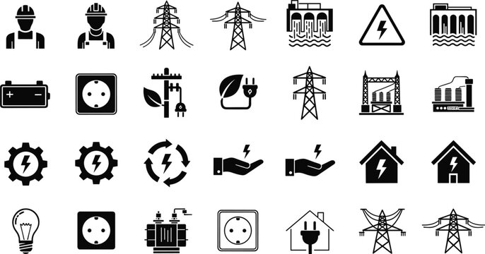 electric power infrastructure icons vector set, energy industry illustration, transmission lines plants sockets renewable symbols, electricity generation distribution technology collection