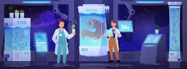 Naklejka premium Fantastic laboratory interior with scientists, monster plants and insects in tanks, vector flat scientific experiment