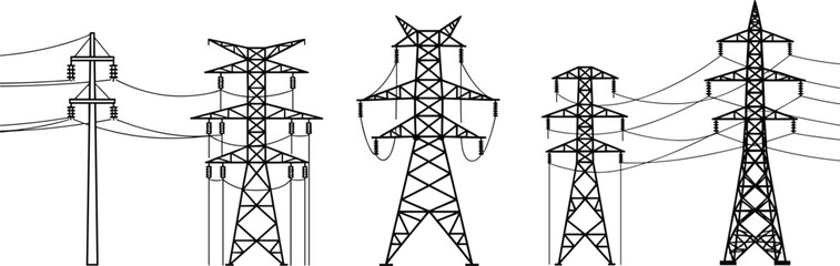 Electric transmission tower silhouettes set, high voltage pylons, power line infrastructure design, energy distribution engineering structures, flat vector illustration © MdMehedi