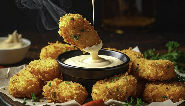 Crispy fried cheese curds with dipping sauce: golden battered cheddar snack appetizer pub food perfect for restaurant menu and commercial use