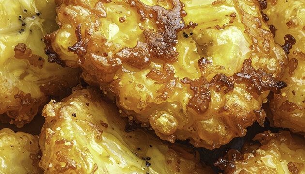 Crispy fried pineapple chunks with a sweet glaze showcasing a delicious texture and golden color ideal for dessert creation and culinary stock photography