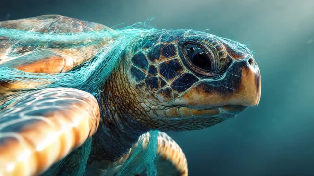 Green sea turtle swimming underwater with blue plastic netting entangled around its neck, showcasing the impact of marine pollution in oceanic environments