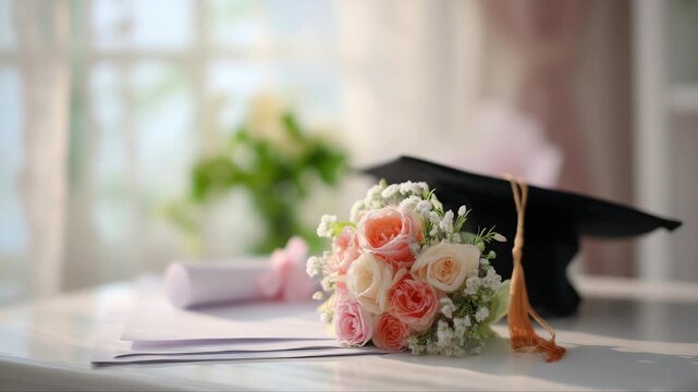 Graduation cap with tassel rests beside a bouquet of pink and white roses and rolled diploma on a table, sunlight streaming through a window in a bright indoor setting