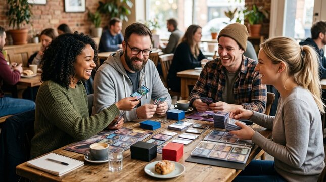 Friends playing trading card game at cafe table with coffee and snacks