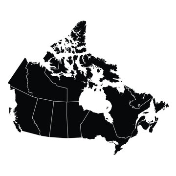 Black silhouette map of Canada showing provincial boundaries