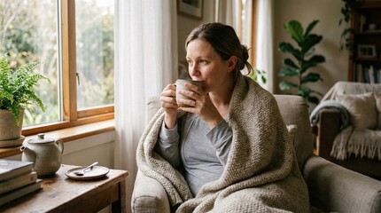 Fototapeta premium Woman wrapped in beige blanket sipping hot drink cozy at home by window