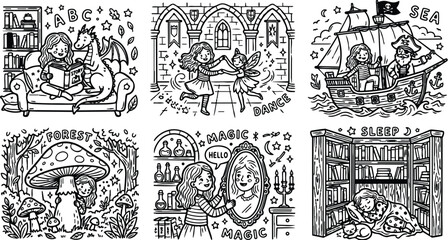 Obraz premium Black and white line art vector of girl reading storybook with dragon dancing fairy in castle pirate ship adventure forest mushroom magic mirror girl sleeping with cat