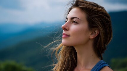 Fototapeta premium A young woman in profile looks upwards with a hopeful and contemplative expression against a backdrop of serene misty mountains