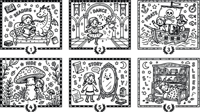Black and white coloring pages six scenes with children reading dance pirate hide story and sleep activities playful line art vector illustrations for kids