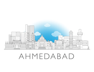 Naklejka premium Ahmedabad skyline, India. Urban cityscape with landmarks and monuments. Hand drawn line art digital skyline illustration.
