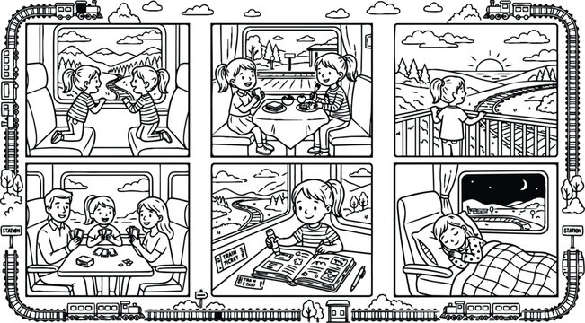 Black and white line art of young girl enjoying train journey looking out window eating snack playing card games and sleeping inside train compartment with scenic nature views in background