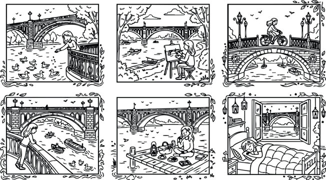 Detailed black and white line art children feeding ducks painting on easel cycling on bridge enjoying picnic by river and sleeping with river view in bedroom peaceful outdoor lifestyle scenes