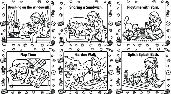 Black and white line art vector with girl brushing cat on windowsill sharing sandwich playing with yarn napping garden walking bathing cat in six separate scenes with cute decorative elements