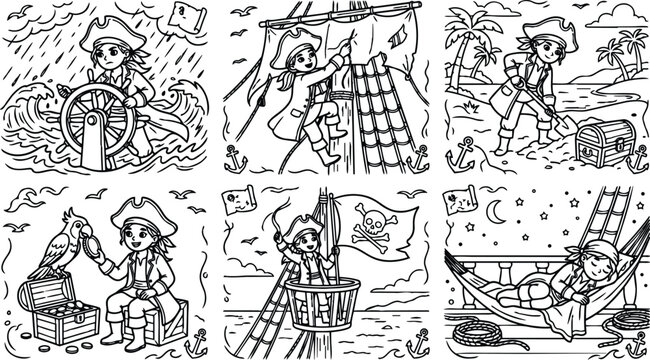 Black and white line art pirate children sailing ship steering wheel climbing mast digging treasure on beach with parrot holding map raising sword with skull flag and sleeping in hammock under stars