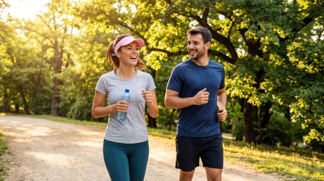 Happy couple jogging together on a dirt path in the park during a sunny day