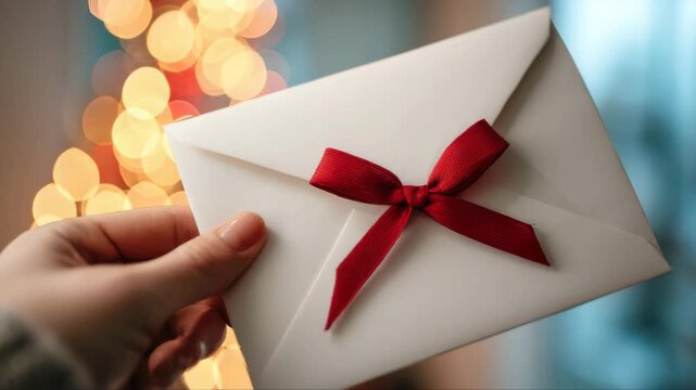 Hand holding a white envelope with a red ribbon, showcasing a festive atmosphere with blurred Christmas lights in the background, emphasizing the holiday spirit and gift-giving tradition