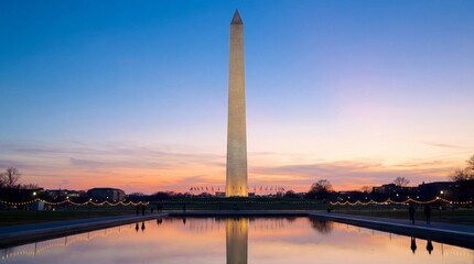 Obraz premium Washington Monument reflecting in water at dusk with sunset colors 