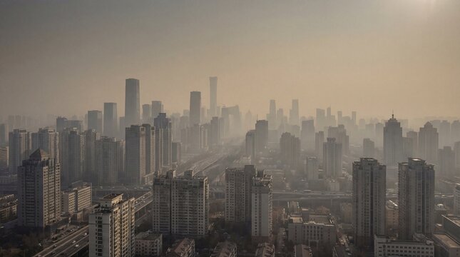 Urban city skyline shrouded in smog with sunlight in background  