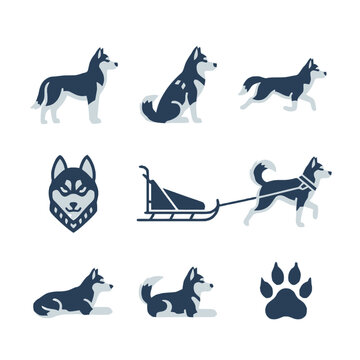Set of flat vector icons featuring Siberian husky dogs in various poses including standing, sitting, running, pulling a sled, lying down, alongside a paw print and stylized head portrait.