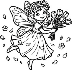 Fototapeta premium Cute smiling fairy with butterfly wings holding bouquet of tulip flowers wearing flower crown and flowing dress flying with petals and blossoms around in black line art style