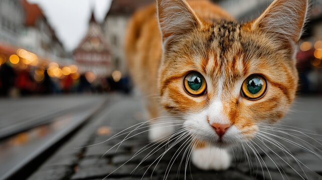 Macro close-up of a red/orange cat staring directly into the camera. The detailed focus highlights the cat&rsquo;s expressive eyes, soft fur, and whiskers, capturing its personality and charm.