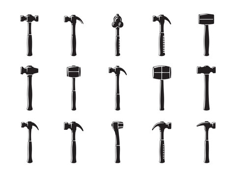 A collection of various black hammers