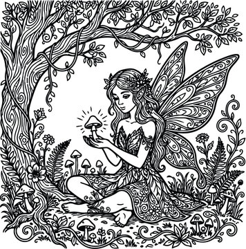 Intricate line art fairy with detailed butterfly wings holding glowing mushroom sitting under twisted tree surrounded by mushrooms and flowers