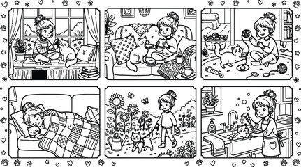 Obraz premium Black and white line art scenes of a young girl interacting with her cat playing knitting walking outdoors and bathing in cozy home environments simple vector illustration