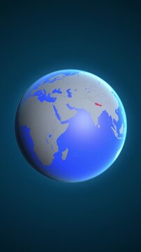 The animation shows a graphic representation of the earth and highlights the location and map of Nepal colored red in vertical format.