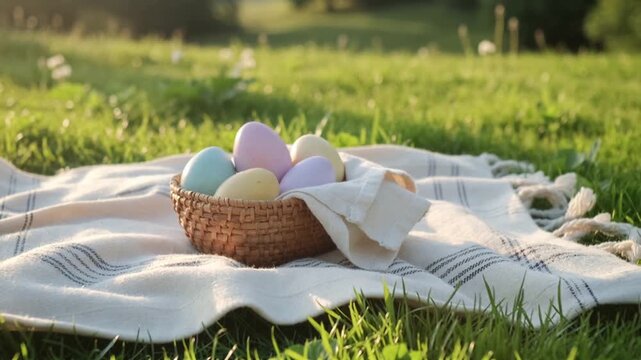 Wicker basket with pastel Easter eggs and white fabric on green spring grass in warm sunlight ideal for holiday promotions and seasonal banners