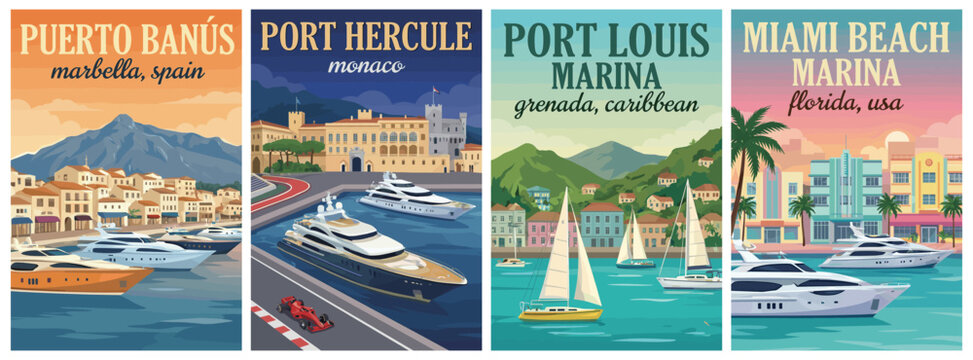 Vintage yacht and marina travel poster set. Including puerto banus, port hercule monaco, port louis grenada, and miami beach florida. Retro vector illustration.