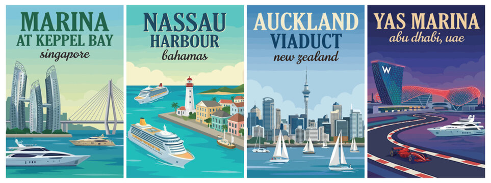 Vintage luxury yachts and marinas travel poster set. Including keppel bay singapore, nassau harbour, auckland viaduct, and yas marina. Retro vector illustration.