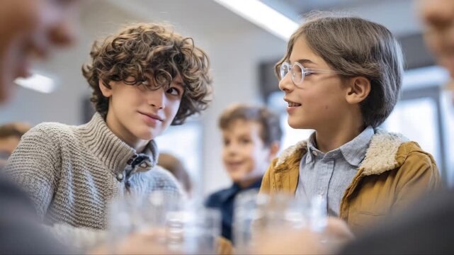 Two young boys with curly hair and glasses engage in a playful conversation while holding glasses of water in a bright classroom setting filled with peers