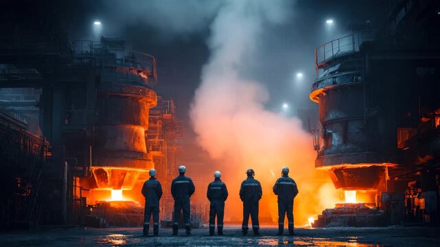 Group of industrial workers in safety helmets observing molten metal pouring from furnaces in a steel mill, illuminated by dramatic lighting and surrounded by smoke and steam