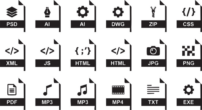 Flat File Type Icons Set - Vector Graphic Document Format Symbols black