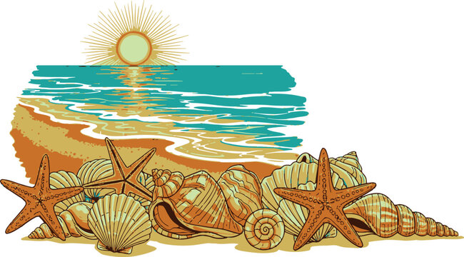 A colorful illustration of a beach scene featuring starfish and various types of seashells on the sandy shore, with the sun setting over the ocean in the background, creating a serene
