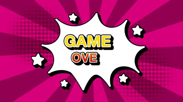 game over text word lettering popup comic cartoon reveal with bomb and smoke explosion manga anime book page dots with radial speed lines doodle pink background with seamless loop animation retro
