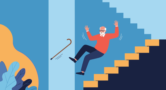 Elderly man with glasses and a walking stick losing his balance and falling down a flight of wooden stairs in a home.