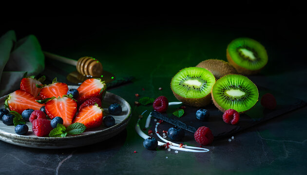 Gourmet assortment of fresh strawberries, blueberries, raspberries and kiwi