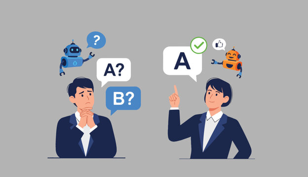 Business people and robots discussing questions and answers