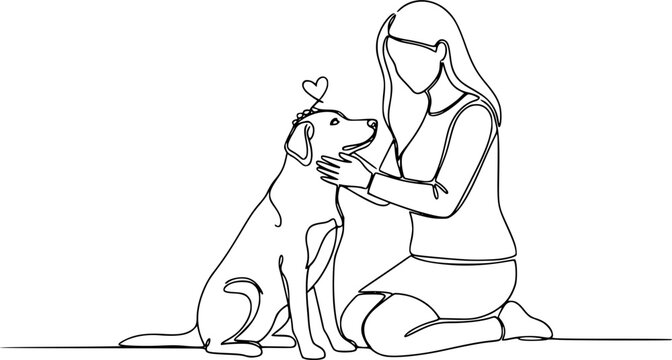 Girl with a dog in continuous line art drawing style. Pet lover black linear sketch isolated on white background. Vector illustration

