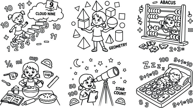 Black and white educational line art children learning numbers geometry cooking star counting and abacus mathematics playful vector illustration