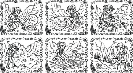 Obraz premium Black and white line art girl paleontologist discovering fossil skull analyzing bone sketching data in outdoor excavation site detailed vector illustration