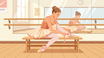 Young ballet dancer tying pointe shoes in sunlit studio with wooden barre © Malik